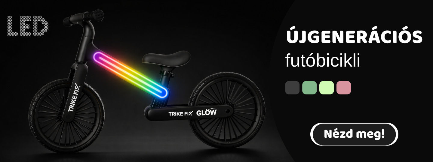 Trike Fix Glow LED világítós futóbicikli fekete színben, vízszintes nézetben, szivárványszínű fénnyel megvilágított vázzal, stúdió minőségű termékfotón.