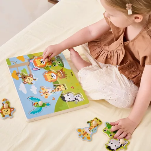 VIGA egzotikus állatok hangos fa puzzle – interaktív kirakós állathangokkal