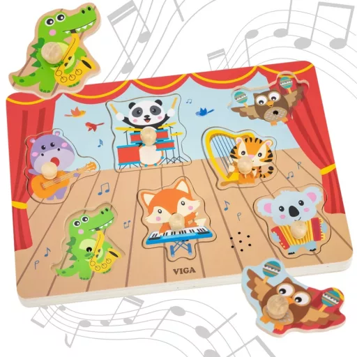 VIGA zenélő állatok fa puzzle – interaktív kirakós hangszerhangokkal