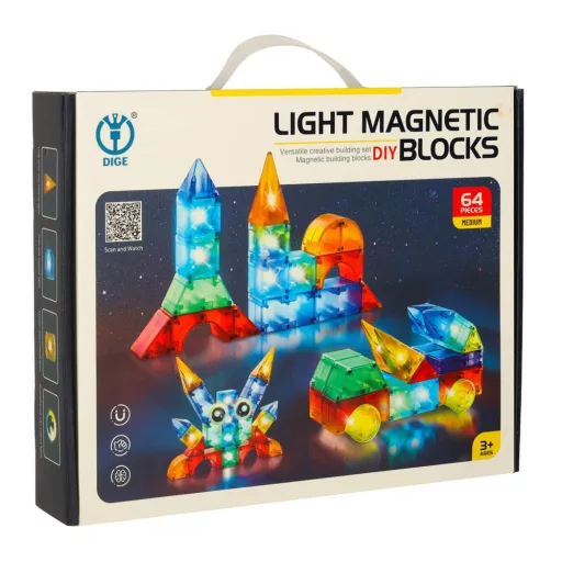 Lantoska 3D mágneses építőjáték 64 db-os - LED világítással