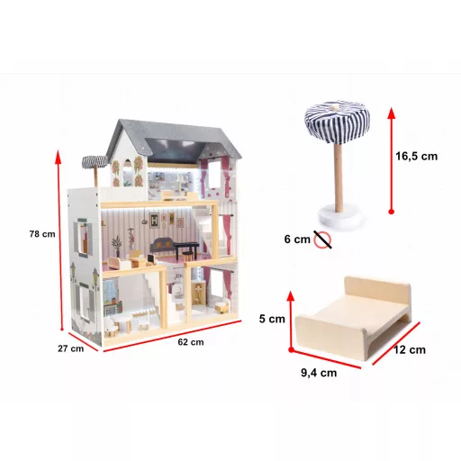 Lantoska fa babaház bútorokkal és LED világítással – 78 cm magas, 3 szintes, teraszos