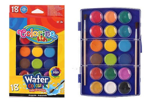 Colorino vízfesték 18 színű, 28 mm-es gombokkal, ecsetekkel