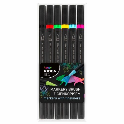 Kétvégű filctoll készlet – 6 db-os ecsetfilc és tűfilc, Kidea