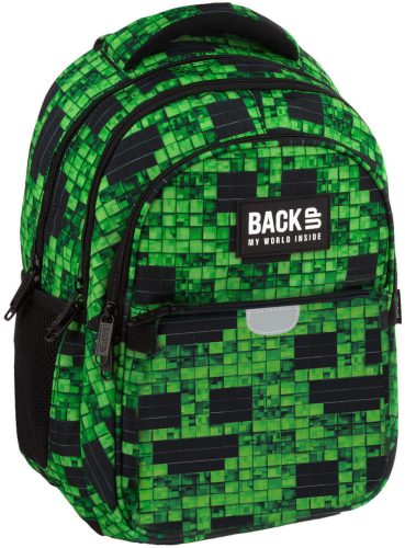 BackUp P64 Minecraft mintás hátizsák – ergonomikus iskolatáska 3 rekesszel, zöld-fekete (39x27x20 cm)
