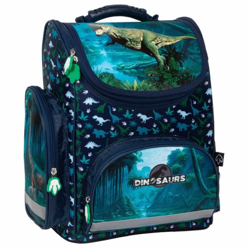 Dinoszauruszos ergonomikus iskolatáska fiúknak – DN19, kék-zöld, 37x27x16 cm
