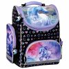 Unikornis mintás ergonomikus iskolatáska lányoknak – lila-fekete, 37x27x16 cm