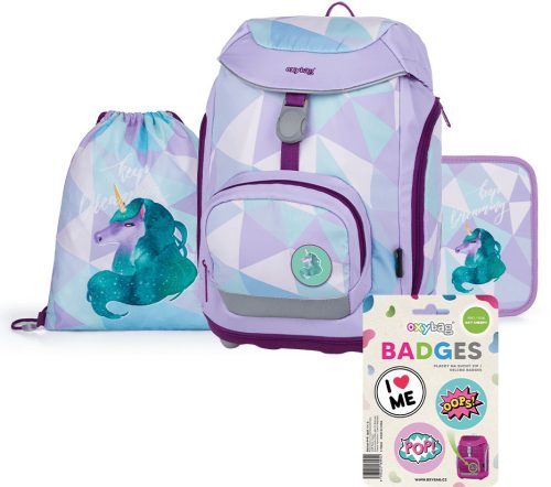 Unikornis ergonomikus iskolatáska szett – OXY Sherpy Unicorn lila, tolltartóval és tornazsákkal