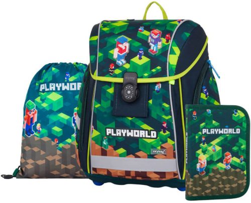 Minecraft ergonomikus iskolatáska szett – Premium Light Playworld, mágneszáras, tornazsákkal és tolltartóval