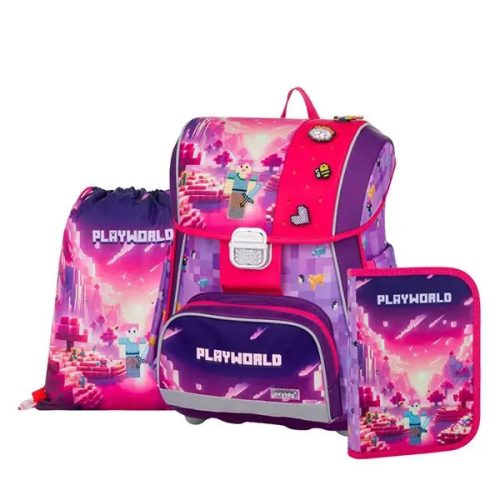 Minecraft ergonomikus iskolatáska szett – Premium Playworld Girl, csatos, lila-rózsaszín