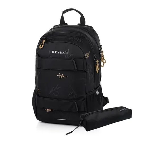 OXY Sport iskolatáska tolltartóval – ergonomikus fekete virágmintás hátizsák 3 rekesszel (46x32x16 cm, 24L)