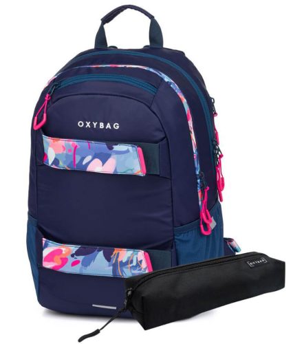 OXY Sport iskolatáska tolltartóval – ergonomikus sötétkék virágmintás hátizsák 3 rekesszel (46x32x16 cm, 24L)