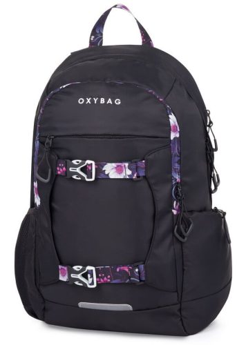 OXY Zero iskolatáska – fekete virágmintás ergonomikus hátizsák 3 rekesszel (47x32x18 cm, 27L)