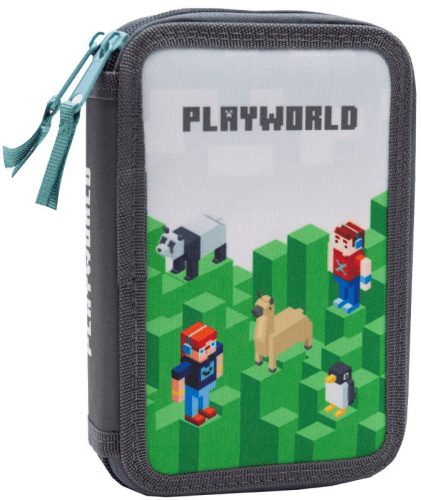Minecraft mintás tolltartó, 2 emeletes, üres – zöld-szürke