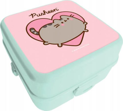 Pusheen cicás kétszintes uzsonnás doboz – zöld-rózsaszín, 14x14x8 cm