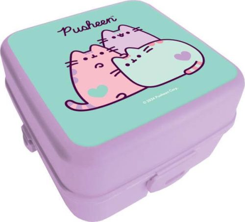Pusheen cicás kétszintes uzsonnás doboz – lila-zöld, 14x14x8 cm