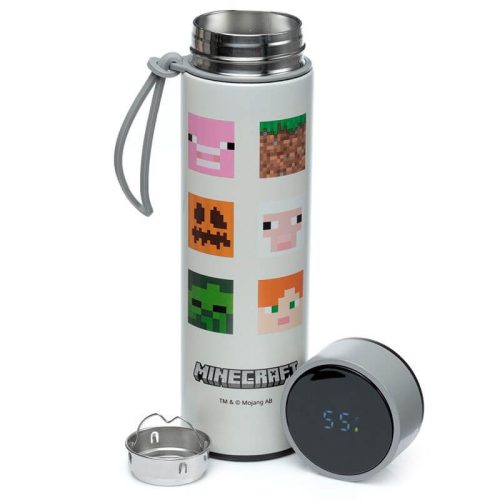 Minecraft rozsdamentes acél thermo palack digitális hőmérővel 450ml – teaszűrős ivópalack