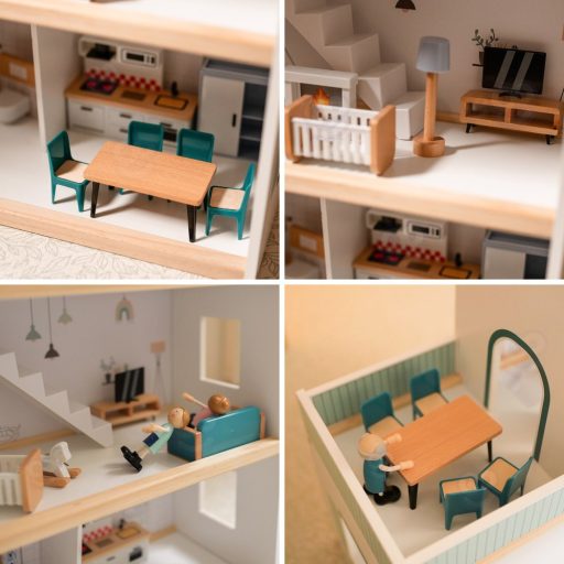 JátékTooky Toy - 3 szintes fa babaház tartozékokkal és babacsaláddal