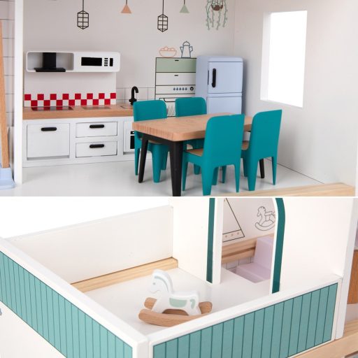 JátékTooky Toy - 3 szintes fa babaház tartozékokkal és babacsaláddal