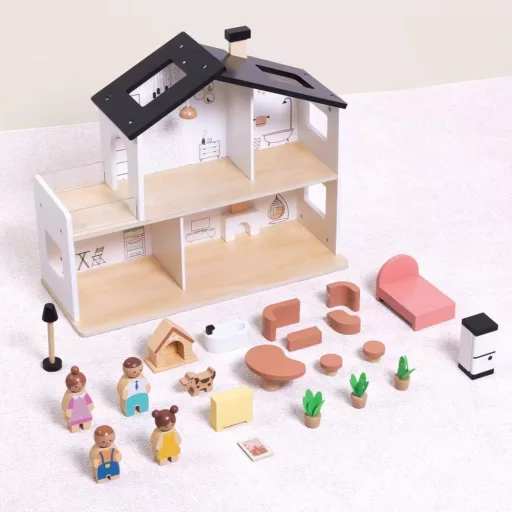 Tooky Toy fa babaház 20 db kiegészítővel és babacsaláddal 