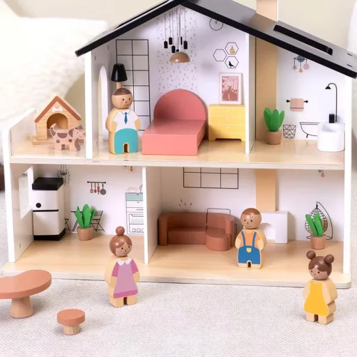 Tooky Toy fa babaház 20 db kiegészítővel és babacsaláddal 