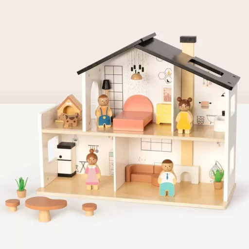 Tooky Toy fa babaház 20 db kiegészítővel és babacsaláddal 