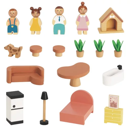 Tooky Toy fa babaház 20 db kiegészítővel és babacsaláddal 