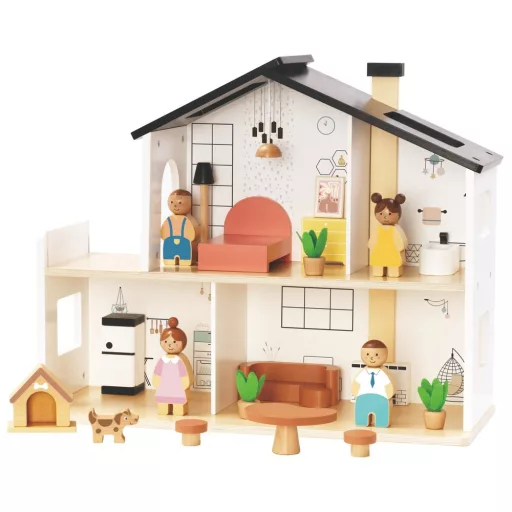 Tooky Toy fa babaház 20 db kiegészítővel és babacsaláddal 